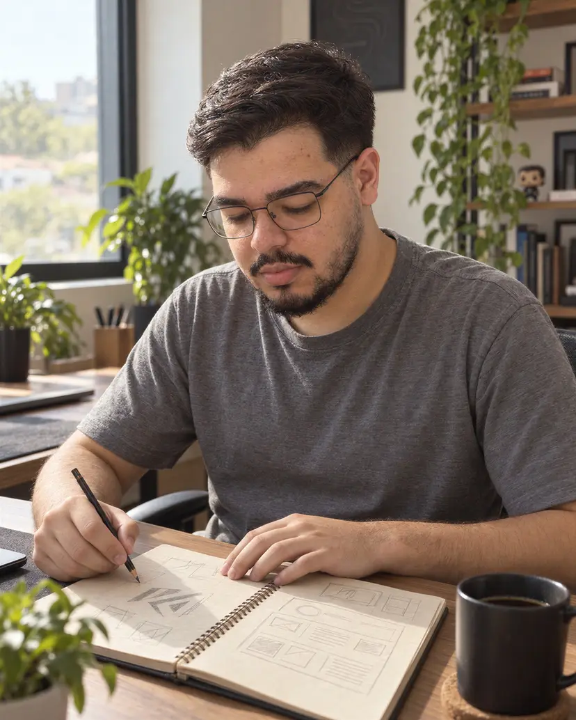 Mateus Cremon rabiscando o rascunho de um logo e de um site num caderno de folha cor de areia