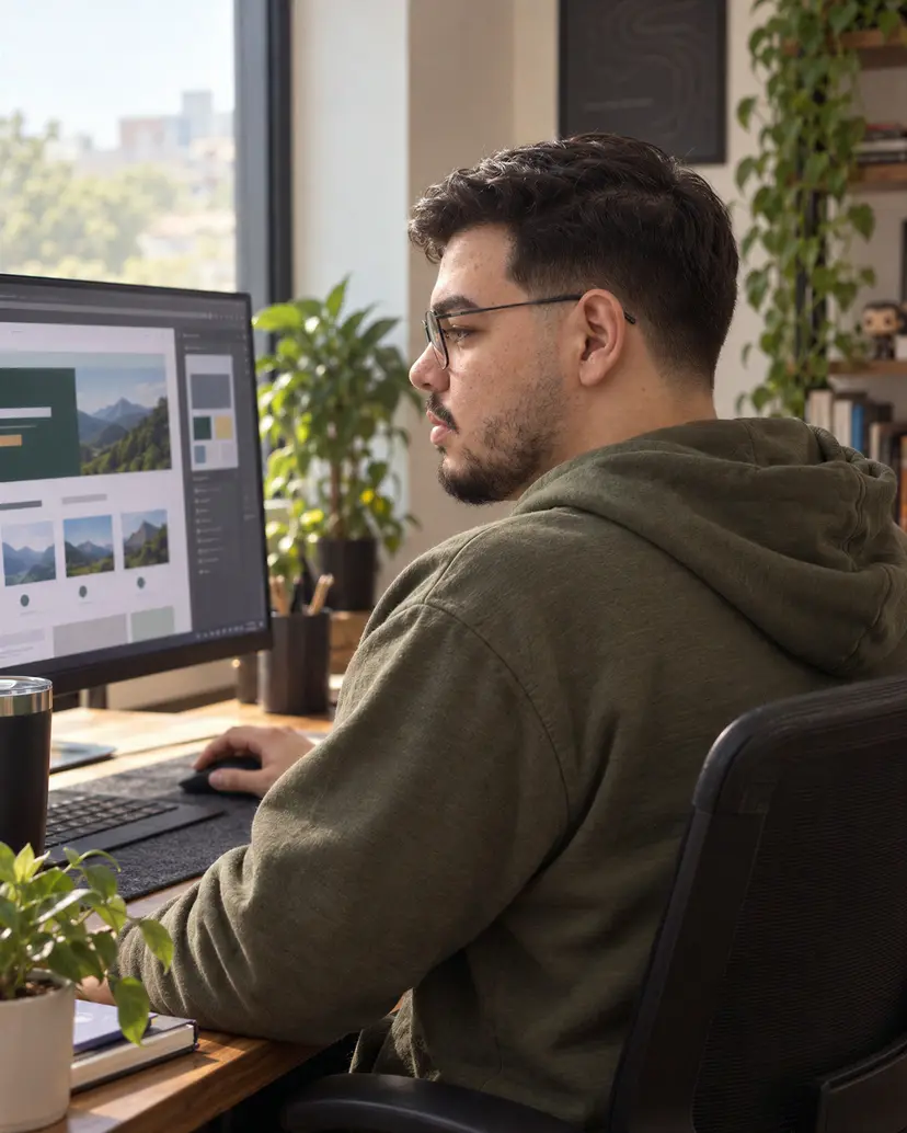 Mateus Cremon desenhando um site no computador