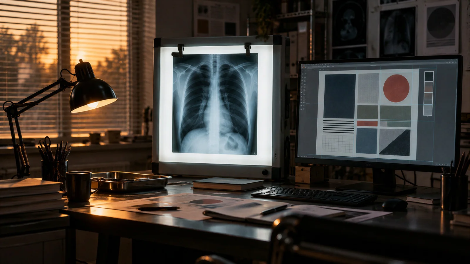 A desk with a lit lightbox showing a chest X-ray next to a monitor with a layout grid