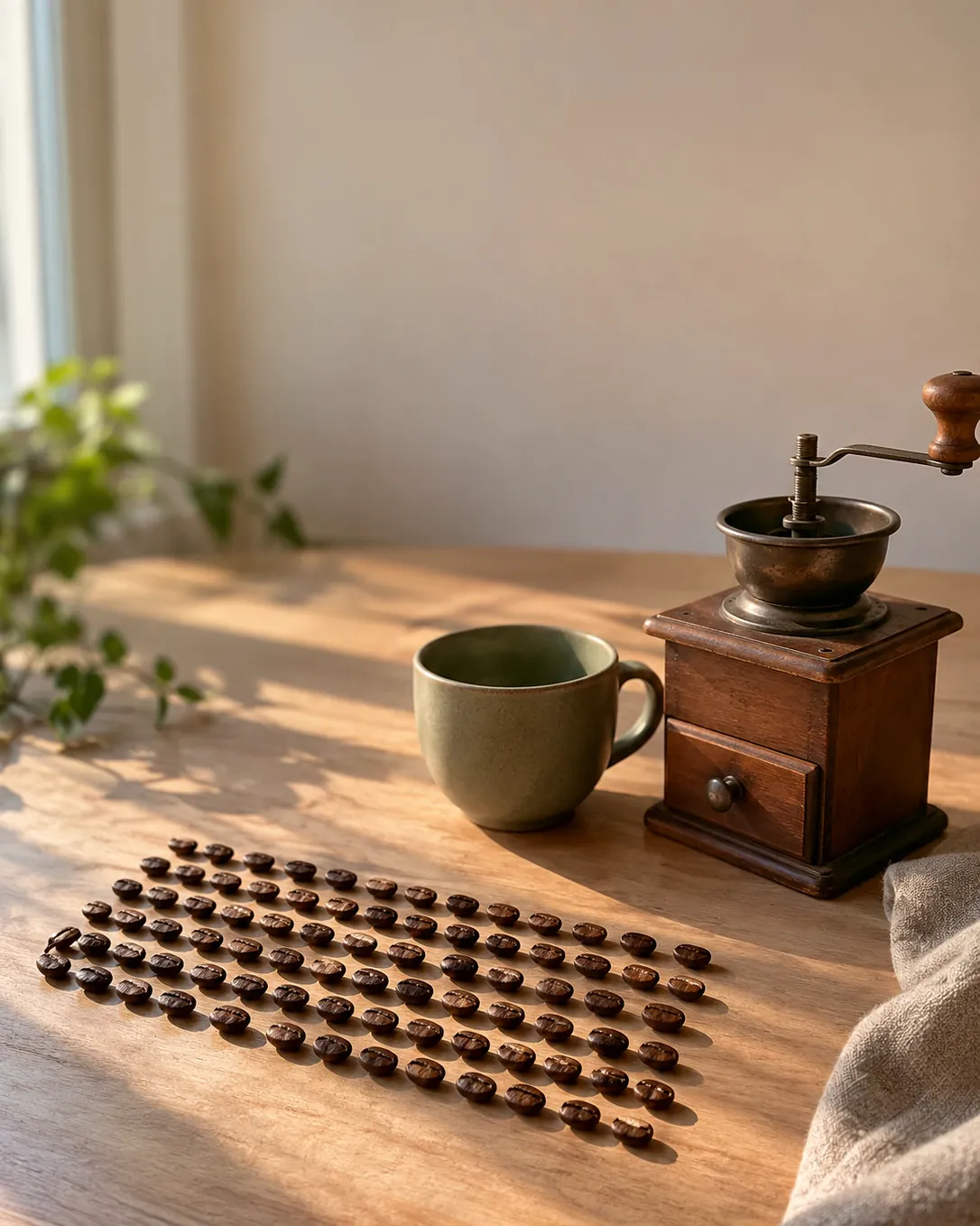 Coffee beans lined up on a wooden table, next to a cup and a hand grinder