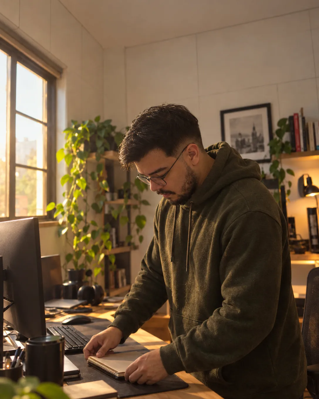 Mateus tidying up his home office desk with morning light coming through the window