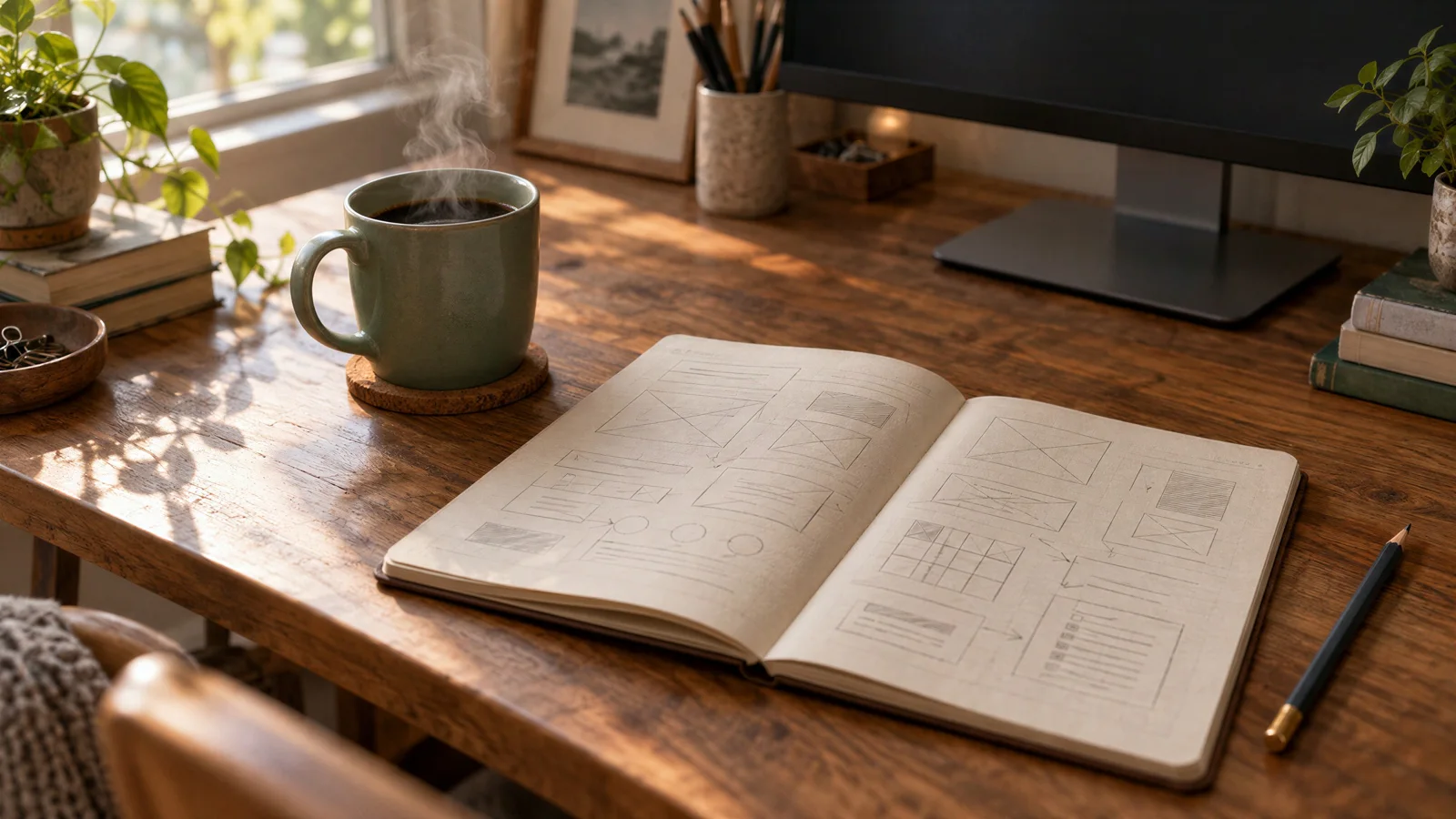 A wooden desk in the morning with a green coffee mug, an open notebook with layout sketches and the monitor off