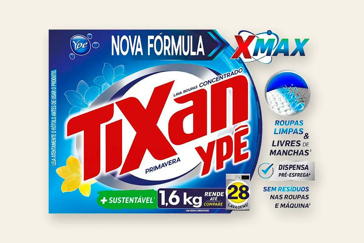A box of Tixan Ypê laundry powder, with Tixan big in the middle and Ypê smaller beside it