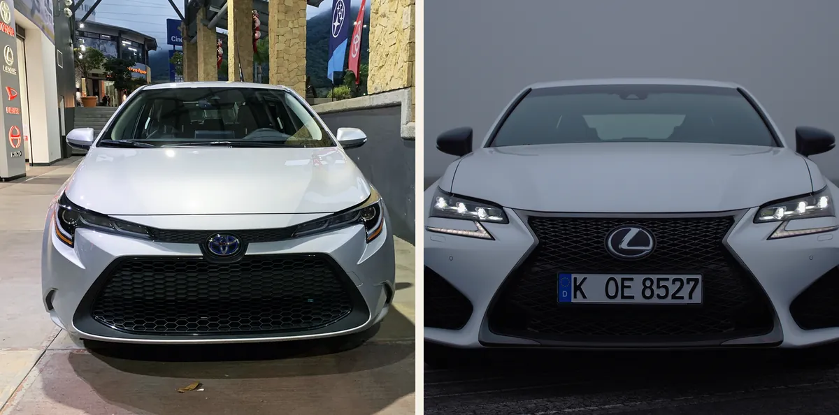 The front of a white Toyota Corolla next to the front of a white Lexus GS F
