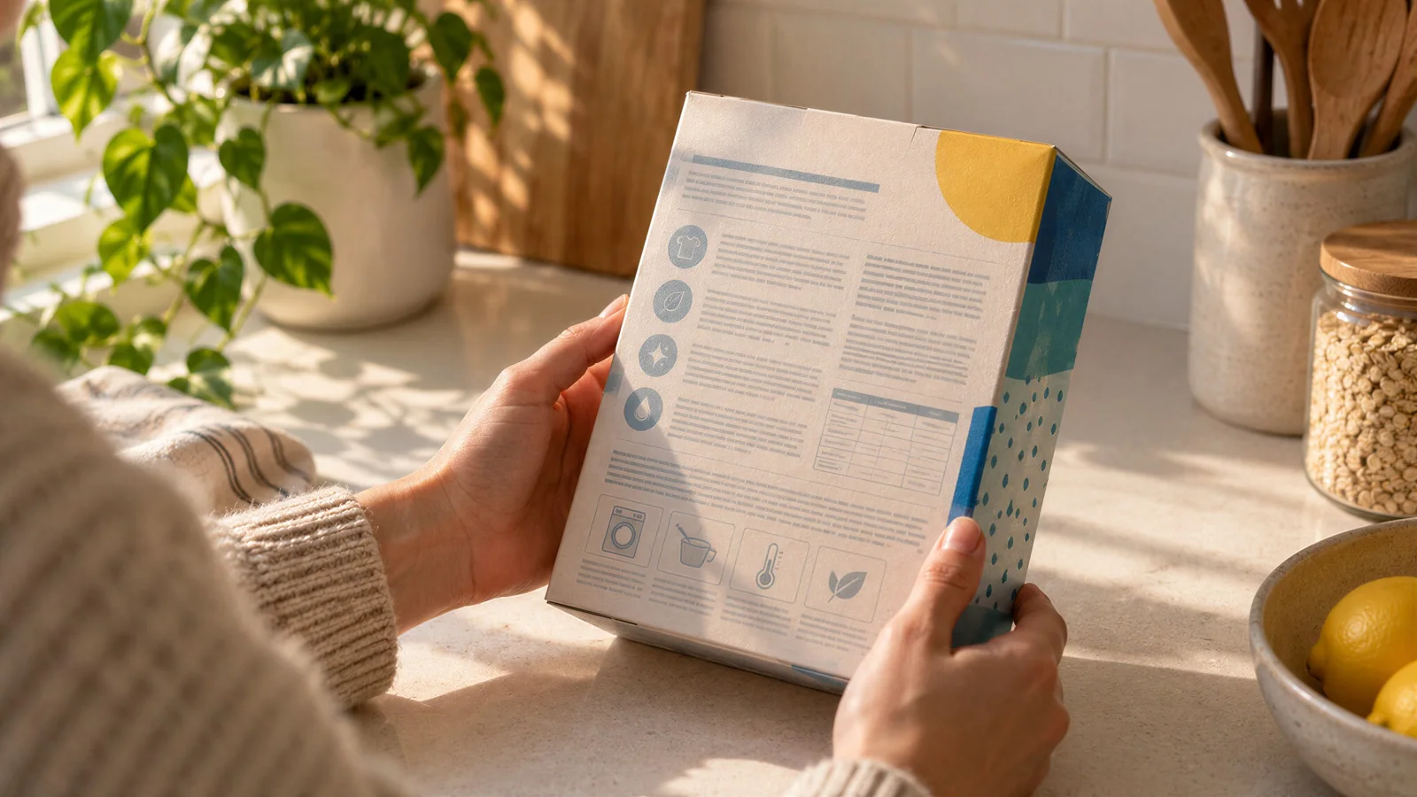 A hand turns an unbranded box of laundry detergent to read the back, on a kitchen counter