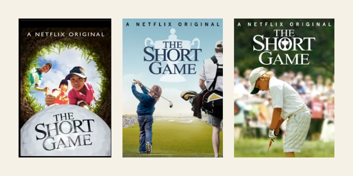 As três capas testadas pro The Short Game: a padrão, com crianças vistas de dentro do buraco, e duas com um menino dando a tacada