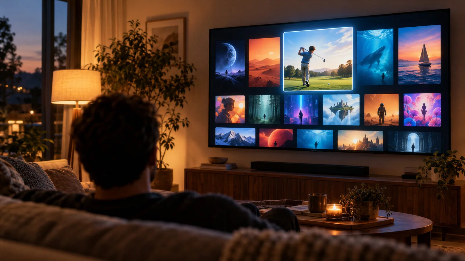 Sala ao entardecer com a TV mostrando fileiras de capas de filmes e uma pessoa no sofá